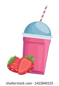 Milkshake cup with straw and strawberries vector illustration graphic design