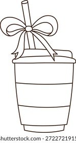Milchshake-Tasse mit Stroh durch einen Bogen gebunden, Konturzeichnung mit sauberen Linien und Streifen Detail. Symbol für Erfrischung, Geschenk, Feier und Café-Genuss. Cartoon, Vektorgrafik.
