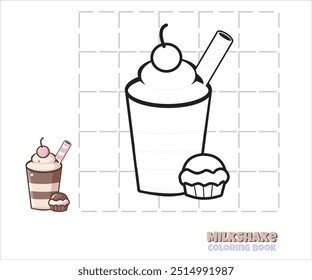 Ein Milchshake und Cupcake für ein Malbuch. Bietet ein einfaches, gitterbasiertes Zeichnungs-Tutorial, das sich für Kinder eignet und Kreativität und künstlerische Fähigkeiten durch unterhaltsame und einnehmende Aktivitäten fördert.