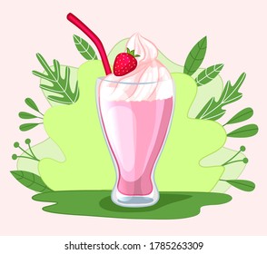 Milkshake decorated with strawberry. Cocktail with whipped cream on background of leaves and plants. Cartoon style. Vector illustration.