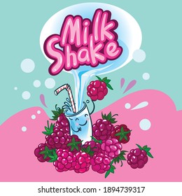 Milkshake design. Hand-drawn character glass surrounded by fruits. Milk is poured into the glass.