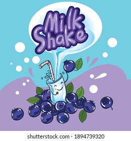Milkshake design. Hand-drawn character glass surrounded by fruits. Milk is poured into the glass.