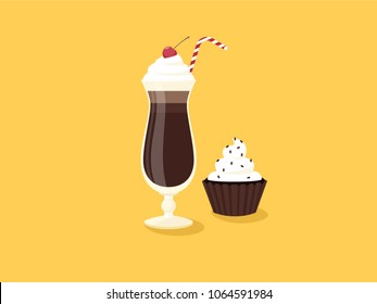 Milkshake dessert with icing chocolate and cherries and cupcake. Flat vector illustration. Yellow background. 