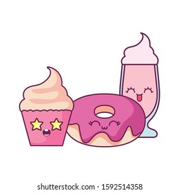 milkshake donut and cupcake cartoon design, Kawaii expression cute character funny and emoticon theme Vector illustration