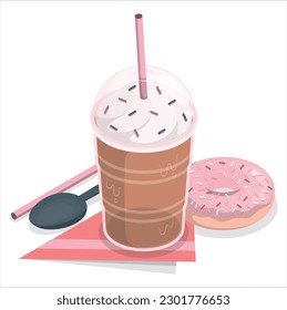 Frappé, Milkshake, donut and other sweets in jar. On-trend Valentine's Day table setting with pink strawberry freak shakes topped with heart shaped lollipops, donuts and cotton candy.