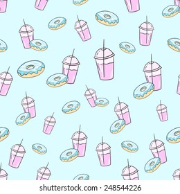 Milkshake and donut seamless pattern vector illustration