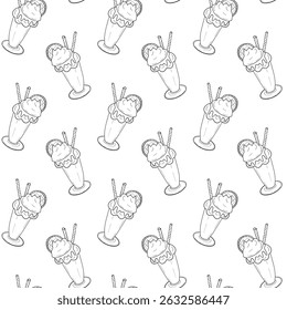 Milkshake doodle estilo de linha de arte padrão sem costura, adequado para menus, cafés, bares, livros de colorir para crianças, convites, decorações de férias