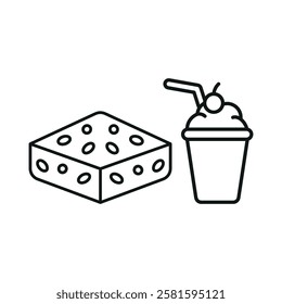 Milkshake drink and brownies food icons with a sweet and indulgent design, perfect for enhancing dessert, cafe, or treat-themed projects