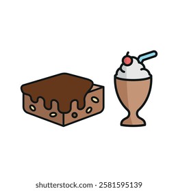 Milkshake drink and brownies food icons with a sweet and indulgent design, perfect for enhancing dessert, cafe, or treat-themed projects