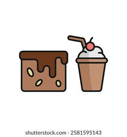 Milkshake drink and brownies food icons with a sweet and indulgent design, perfect for enhancing dessert, cafe, or treat-themed projects