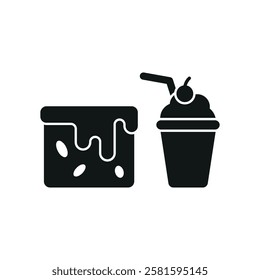 Milkshake drink and brownies food icons with a sweet and indulgent design, perfect for enhancing dessert, cafe, or treat-themed projects