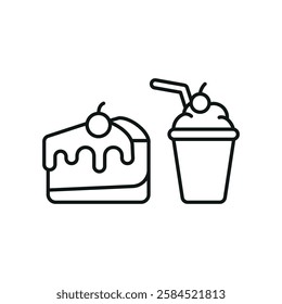 Milkshake drink and cheesecake food icon in flat style, featuring a creamy milkshake in a glass and a strawberry-topped cheesecake slice.