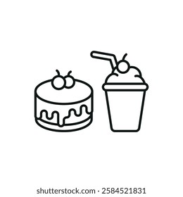 Milkshake drink and cheesecake food icon in flat style, featuring a creamy milkshake in a glass and a strawberry-topped cheesecake slice.