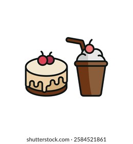 Milkshake drink and cheesecake food icon in flat style, featuring a creamy milkshake in a glass and a strawberry-topped cheesecake slice.