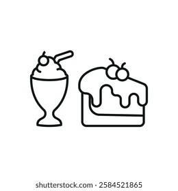 Milkshake drink and cheesecake food icon in flat style, featuring a creamy milkshake in a glass and a strawberry-topped cheesecake slice.