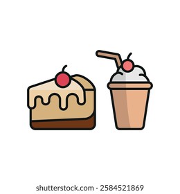 Milkshake drink and cheesecake food icon in flat style, featuring a creamy milkshake in a glass and a strawberry-topped cheesecake slice.