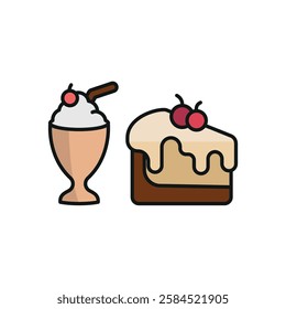 Milkshake drink and cheesecake food icon in flat style, featuring a creamy milkshake in a glass and a strawberry-topped cheesecake slice.