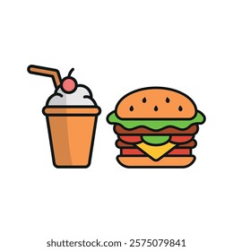 Milkshake drink and hamburger food icon illustrated in a playful cartoon style bursting with vivid colors and cheerful vibes