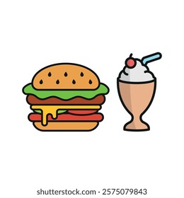 Milkshake drink and hamburger food icon illustrated in a playful cartoon style bursting with vivid colors and cheerful vibes