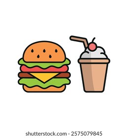 Milkshake drink and hamburger food icon illustrated in a playful cartoon style bursting with vivid colors and cheerful vibes