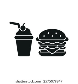 Milkshake drink and hamburger food icon illustrated in a playful cartoon style bursting with vivid colors and cheerful vibes