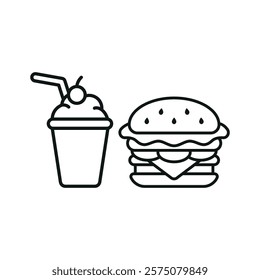 Milkshake drink and hamburger food icon illustrated in a playful cartoon style bursting with vivid colors and cheerful vibes