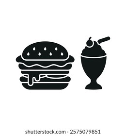 Milkshake drink and hamburger food icon illustrated in a playful cartoon style bursting with vivid colors and cheerful vibes