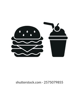 Milkshake drink and hamburger food icon illustrated in a playful cartoon style bursting with vivid colors and cheerful vibes