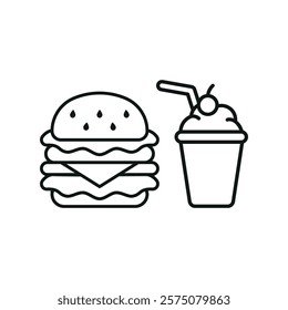 Milkshake drink and hamburger food icon illustrated in a playful cartoon style bursting with vivid colors and cheerful vibes