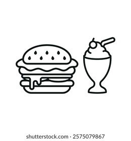 Milkshake drink and hamburger food icon illustrated in a playful cartoon style bursting with vivid colors and cheerful vibes