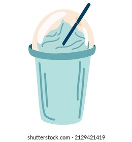 Milkshake. Fresh, milk dairy product. Drink in a jar. Delicious and healthy protein drink. Plastic cup with lid and straw. Vector illustration cartoon flat icon isolated on white.