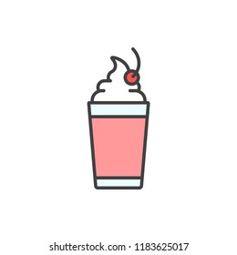 Milkshake glass with cherry on the top colored line icon.