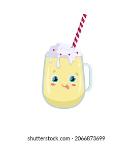 Milkshake in a glass glass, with a cute face. Vector graphics.