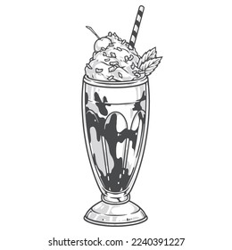 Milkshake glass emblem colorful detailed chocolate refreshing drink with cream or ice cream for dessert in hot weather vector illustration