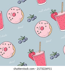 Milkshake in a glass with a straw and a strawberry, fresh donuts in glaze and blueberry sprig seamless pattern