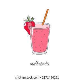 Milkshake in a glass with a straw and a strawberry on a white background