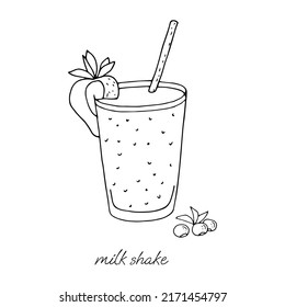 Milkshake in a glass with a straw and a strawberry on a white background black and white