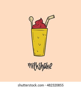 Milkshake hand drawn objects and symbols with color. Milkshake sketch cartoon style with color, vector illustration