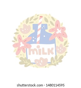 Milkshake hand drawn vector illustration. Lettering on a glass bottle. Round border with abstract design elements. Flowers, leaves and the inscription "milk". Clipart in abstract style, poster, card
