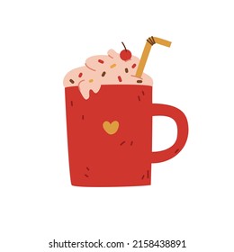 Milkshake or hot chocolate or ice coffee drink with whipped cream in red mug. Vector colorful flat cartoon style illustration. 