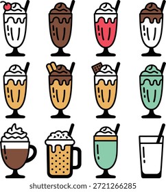 Conjunto de iconos de batido de leche y flotador de helado. Contiene fresa, chocolate, sabores a menta, crema batida, guarnición de cerezas y galletas de agua.