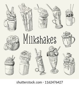 Milkshake and Ice Cream Hand Drawn Doodle. Dessert Drinks Isolated on white Background. Vector illustration