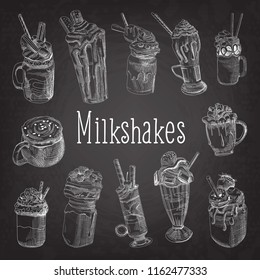 Milkshake And Ice Cream Hand Drawn Doodle. Dessert Drinks On Chalkboard. Vector Illustration