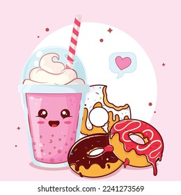 Milkshake con helado, bebida aislada y donuts fundidos ilustración de icono