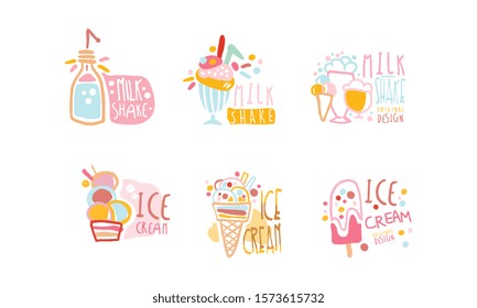 Milkshake and Ice-Cream Labels Original Design Vector Set