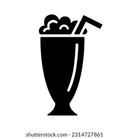 Milkshake icon, black silhouette on white. Sweet drink with creamy froth in tall cocktail glass with straw. Vector element or logo of minimalist design, illustration of non-alcoholic or kids beverage.