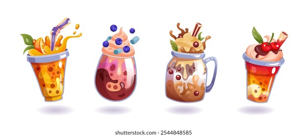 Conjunto de dibujos animados de icono de malteada. Salpicadura de leche en vaso. Bebe un postre lindo con chocolate, fruta y bayas. Bebida en plástico dulce. Verano comida exótica en tazas. Vector Menú 3D de cócteles ordenados colección