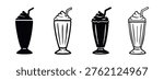 Milkshake icon set. Sweet whipped cream beverage with straw in various black and white vector styles.