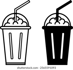 Milkshake Icons. Black and White Vector Dessert Drink Based on Milk and Ice Cream. Fast Food Concept