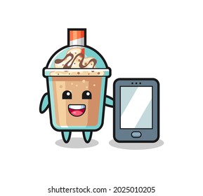 milkshake illustration cartoon holding a smartphone , cute style design for t shirt, sticker, logo element